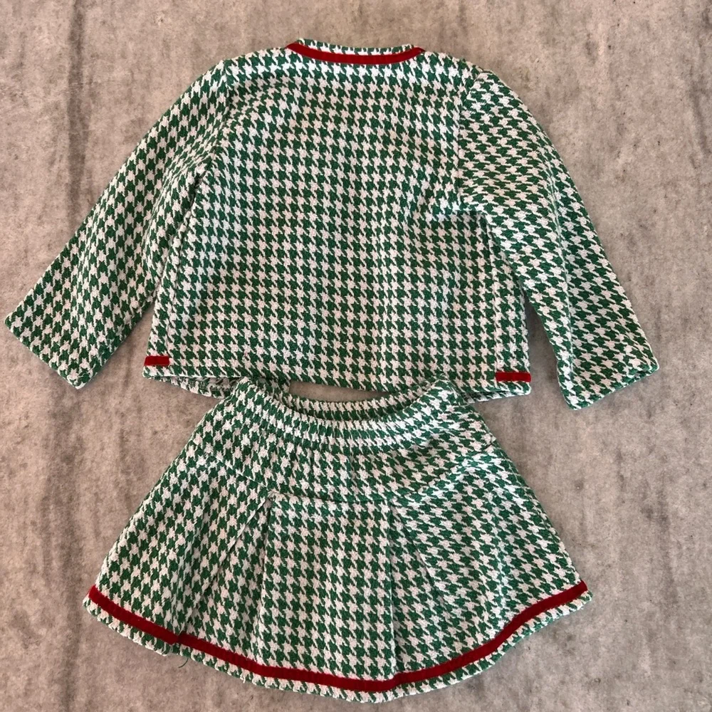 Green & White Houndstooth Skirt Set with Red Bow Trim